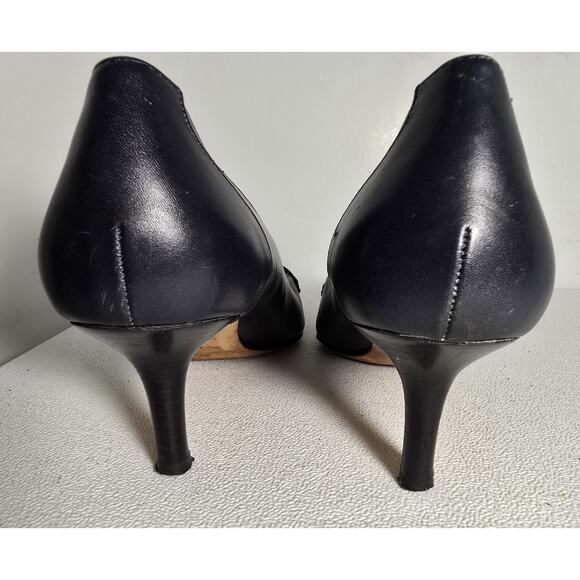 BROOKS BROTHERS Leather 7.5 Kitten Heels Buckle Pointed Toe Italy Bluish Black - Picture 9 of 12